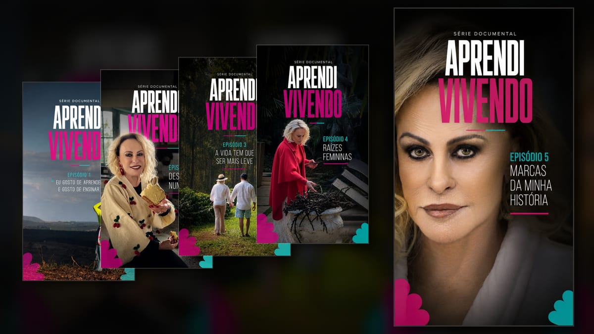 Ana Maria Braga em retrato da série documental Aprendi Vivendo, acompanhada pelas artes dos cinco episódios